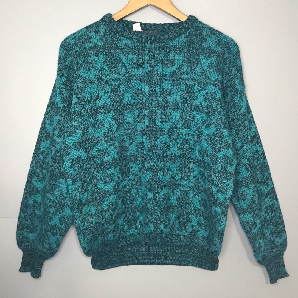 Vintage Kennington Teal Black Geometric Knit Wool Blend Sweater Italy Mens Large